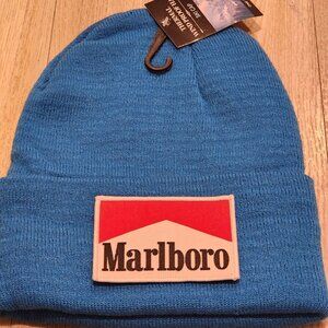 Marlboro Patched Knit Cuffed Beanie in Cobalt Blue.